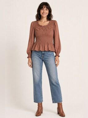 Anthropologie NWT Brown Smocked Peplum Top XL Cottagecore Puff Sleeve Blouse